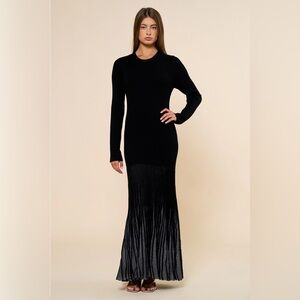Lalavon Black Knit Maxi Pleated Silver Accents Dress